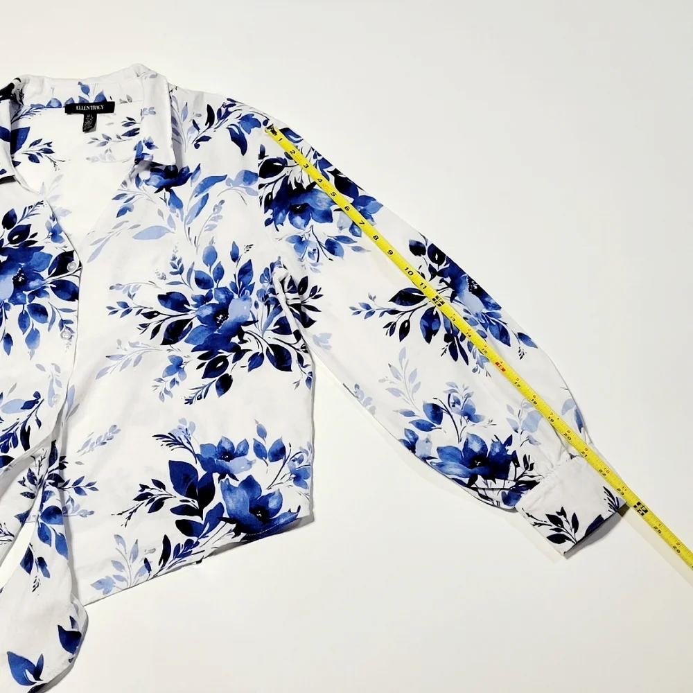 Ellen Tracy White Linen with Blue Floral Print Tie Front Blouse Women's (L) - Picture 12 of 12